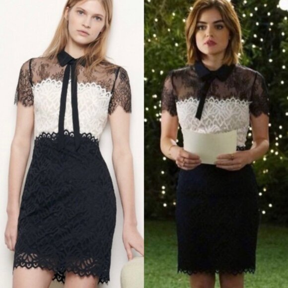 NWT | SANDRO Rozen Lace Two Tone Sheath Mini Dress Cream Black EU36 US4 - Picture 1 of 11